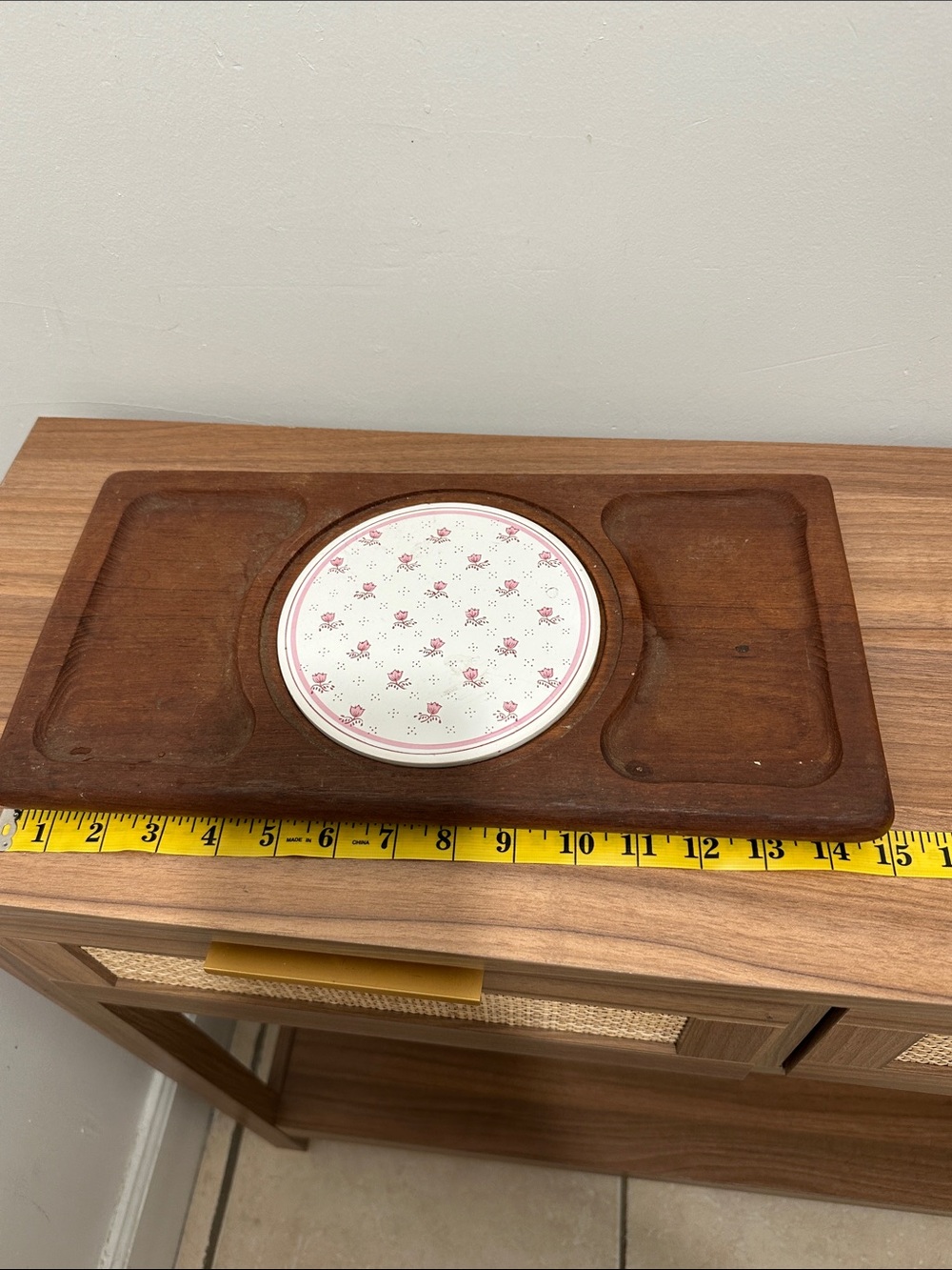 Wooden Serving Tray with Pink Floral Ceramic Insert